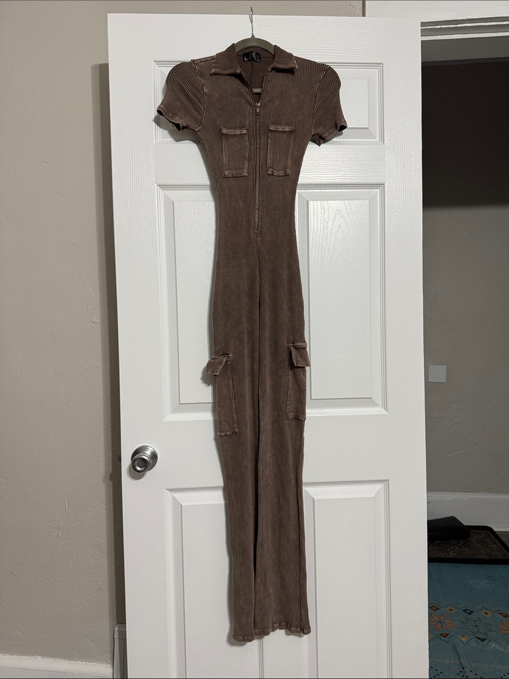 NWOT LS Angel Mineral Wash Ribbed Cargo Jumpsuit - Brown - Small